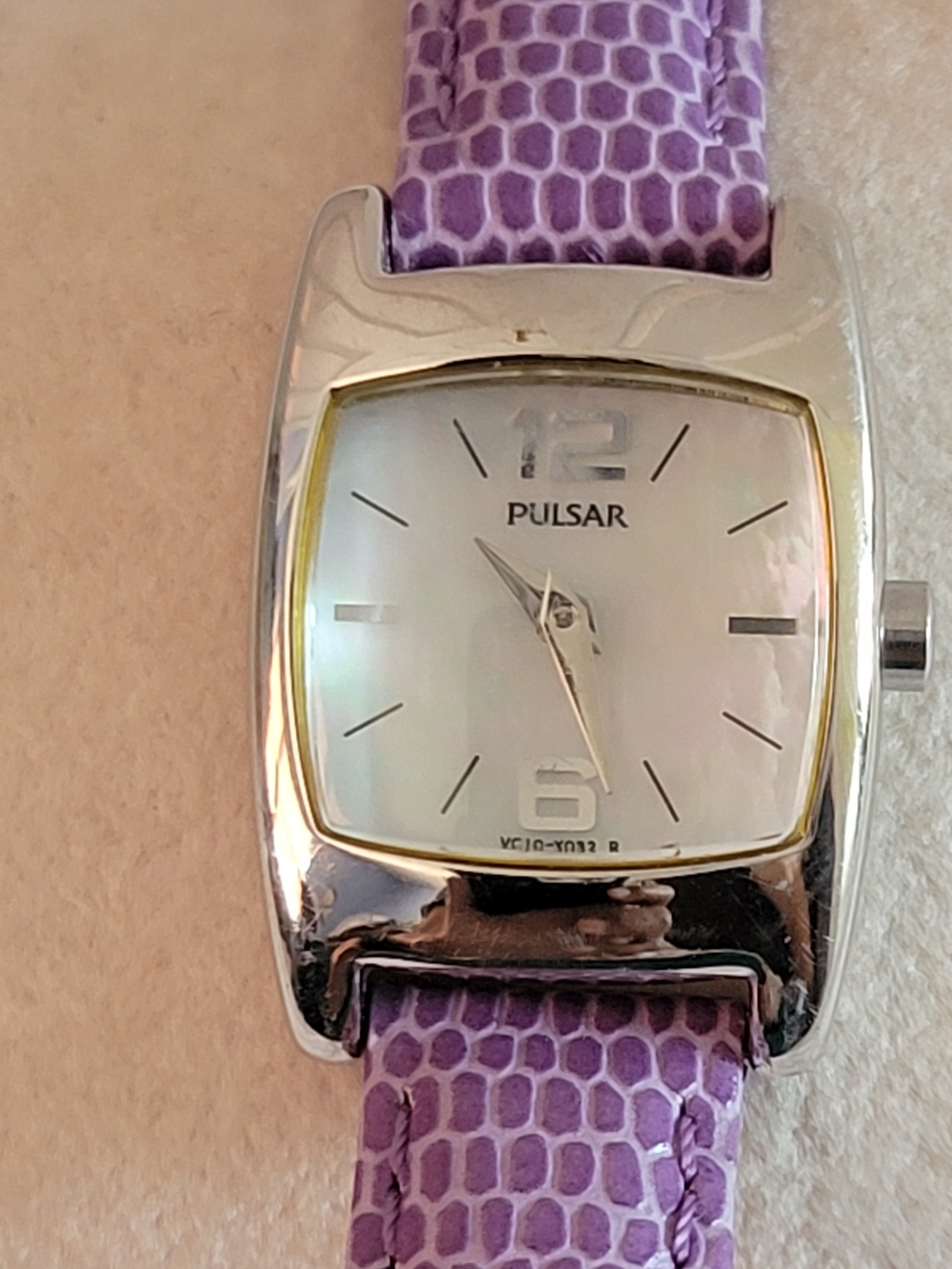 Pulsar Silver-Tone Case Watch with Purple Leather Strap